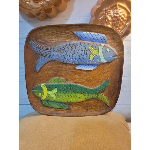 The Red Carpet Other - Carved Teak? Wood Tray Fish Wall Haitian Art Marked "The Red Carpet"